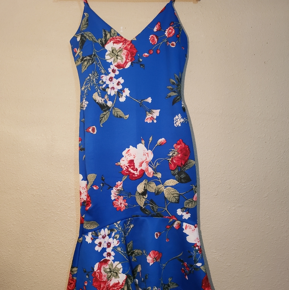 Blue Floral Bodycon High Low Dress